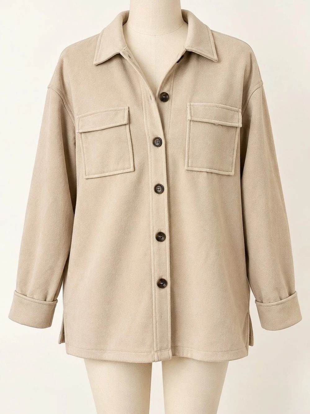 Purple Grass Beige Faux Suede Button Front Shacket Jacket Medium